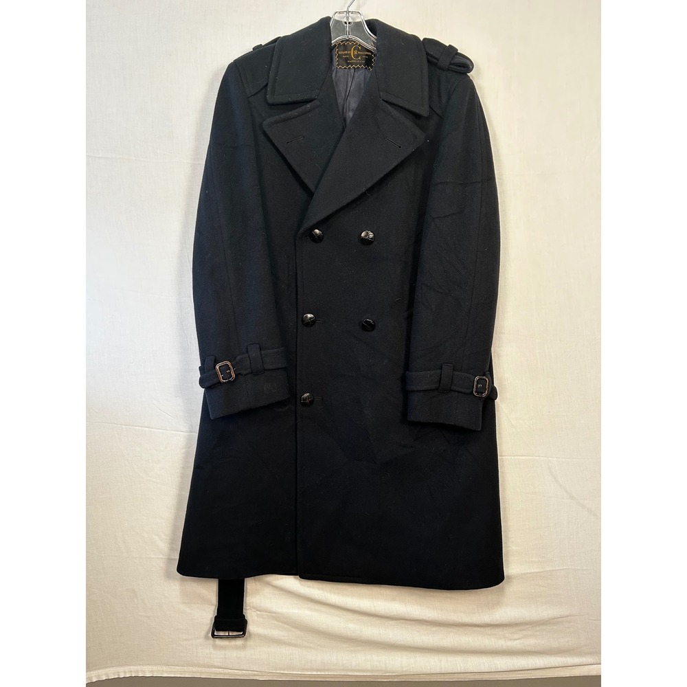 Nino Cerruti Mens Black Virgin Wool Double Breasted Trench Coat Vintage USA Made